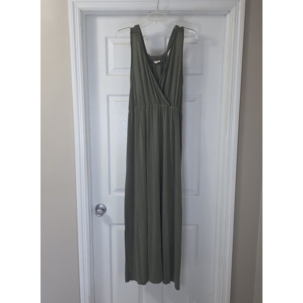 POL Green Maxi Dress Womens L Boho Surplice V Neck Strappy Back Side Slits